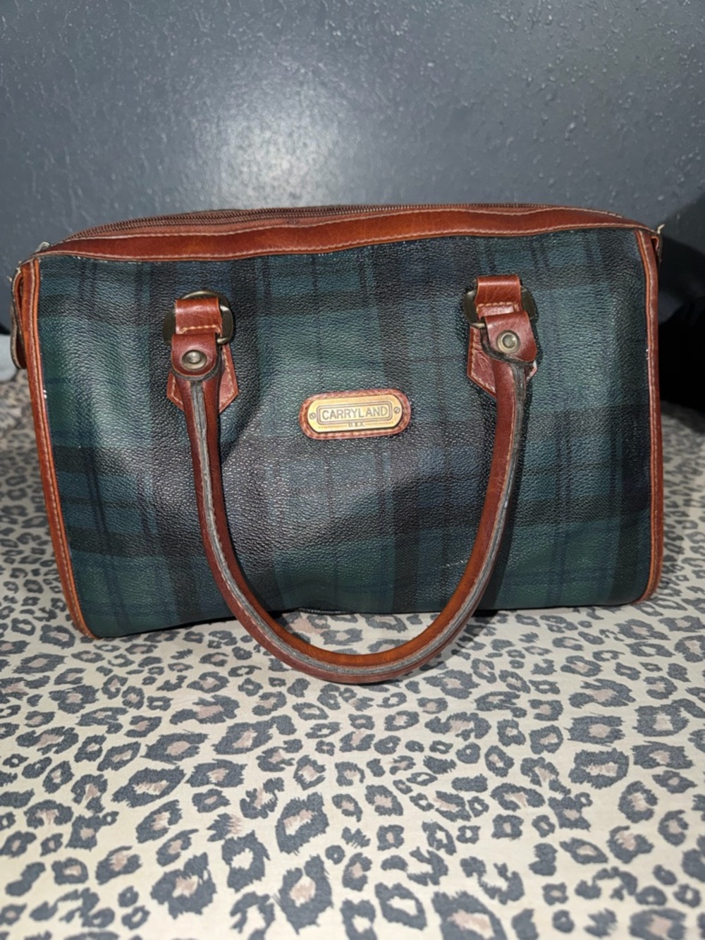 Carryland Green & Navy Plaid Carryall with Brown Leather Trim